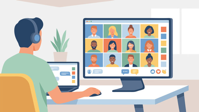 Man with headphones attending a remote team video conference on a large monitor showing a grid of diverse colleagues, featuring chat bubbles, reaction icons, and a laptop in a home office.