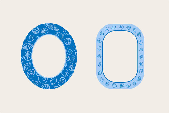 Blue nautical frame set with seashell pattern. Ocean border template for text. Blue textured shapes for summer graphic design. Vector illustration on isolated background