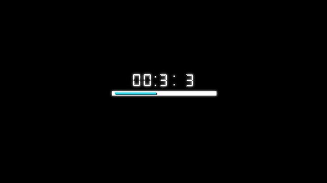Digital timer animation with progress bar. Digital timer countdown clock indicator. Digital timer technology interface graphic on black background.