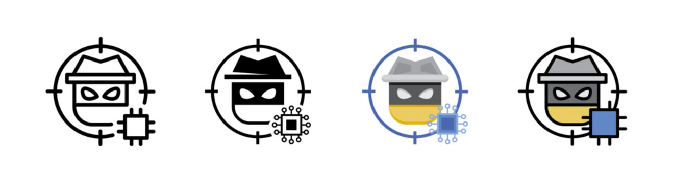 AI fraud detection system hybrid icon, masked face with artificial intelligence chip and security scan. Icon set of 4 style variation.