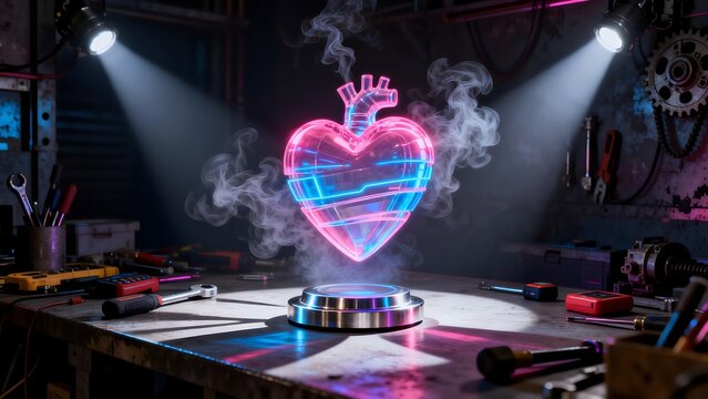 Glowing heart hologram in workshop