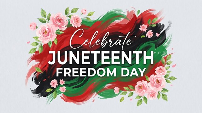 Vibrant Juneteenth celebration with floral accents and patriotic colors symbolizing freedom and heritage