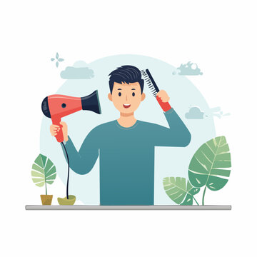 Man drying and combing his hair with hairdryer and comb