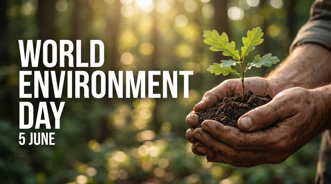  Concept World Environment Day 5 June 2026 poster with text. Human hands holding dark soil and young green oak tree sapling against a sunlit blurred forest background. Eco friendly campaign