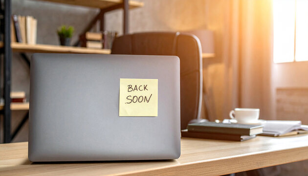 Back soon note placed on laptop on office desk