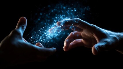 Two hands come together, with a vibrant explosion of blue digital particles and connections sparking between them, signifying a powerful moment of digital unity.