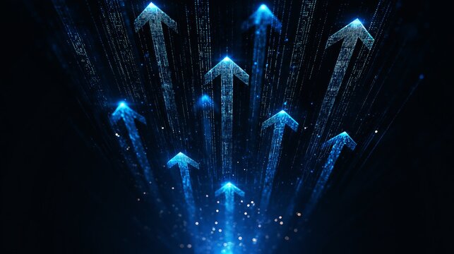 A cluster of glowing blue arrows rises from a black abyss, forming a dynamic upward trajectory that represents exponential growth and future technological potential.
