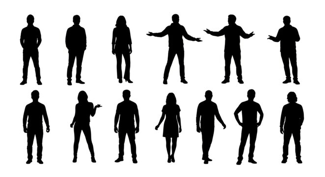 Collection of Diverse Human Silhouettes Posed Against White Background.