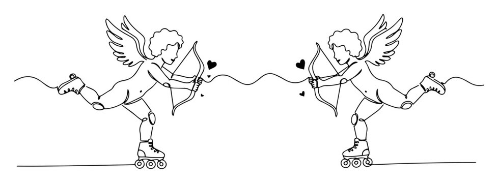 cupids on roller skates monoline vector thin line