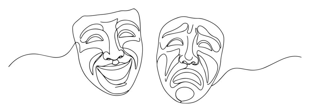 comedy and tragedy masks monoline vector thin line