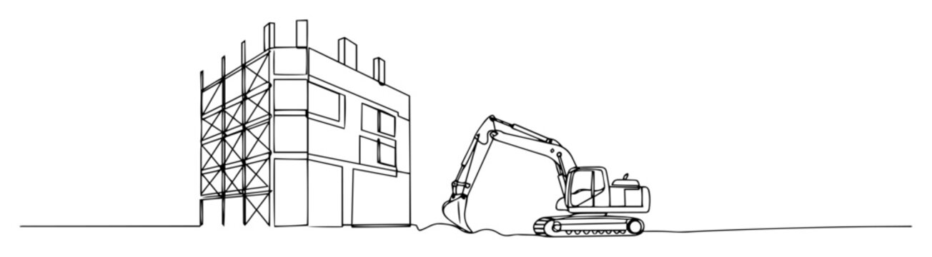 building under construction with excavator monoline vector thin line