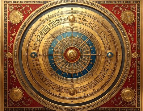 Intricate gold astrology zodiac wheel design.