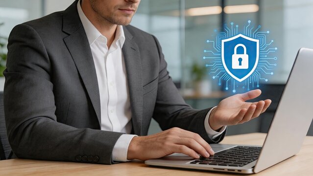 Businessman working on laptop with holographic shield icon featuring padlock symbol representing cybersecurity protection and data privacy in modern office environment