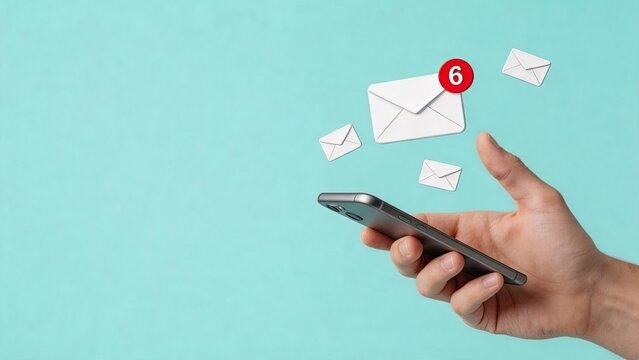 Hand holding smartphone with floating email envelopes and red notification badge showing number six, digital communication concept on light blue background