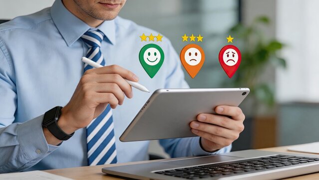 Customer satisfaction rating and feedback review analysis with man using tablet, star score icons showing positive negative emotions, service quality assessment survey poll user