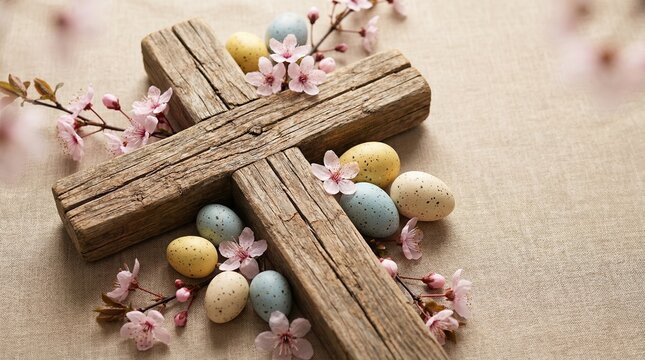 Wooden christian cross decorated with spring blossoms and colorful easter eggs on a linen background.