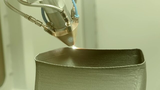 3D metal printer produces a steel part - Aerosol Jet Printing (AJP) - the smallest droplets of material are applied by an aerodynamically focused jet onto a three-dimensional base. Closeup