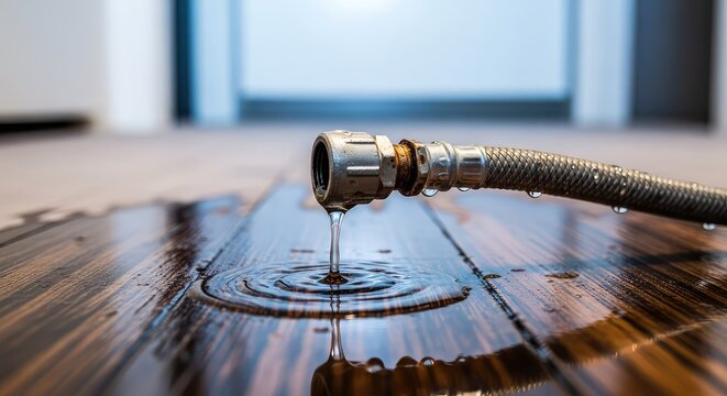 A leaking metal pipe connection and flexible hose drip water onto a wooden floor surface, causing potential damage in a domestic setting, kitchen, laundry, utility