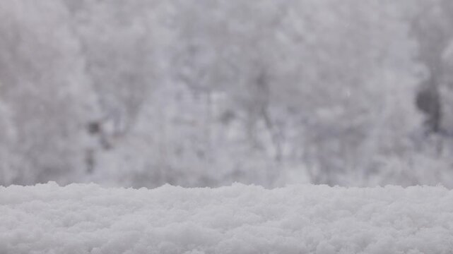 Winter background copyspace with slow motion snow settling on railing with snow covered forest background, static shot.
