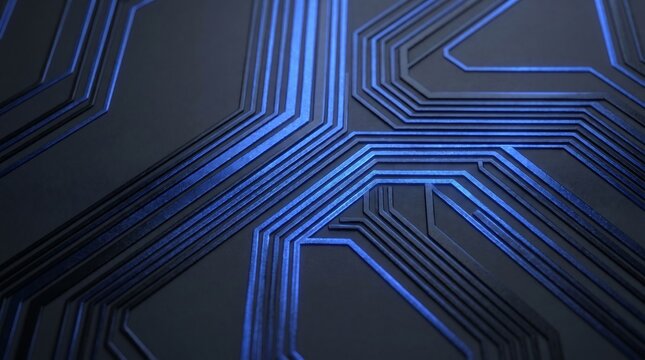 An abstract digital technology wallpaper featuring a futuristic blue circuit board design with 3d squares, light lines, and tech patterns for a modern electronics backdrop illustration