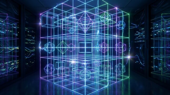 A futuristic digital network background featuring abstract binary code patterns on a blue cyberspace texture with light lines for tech and business design concepts