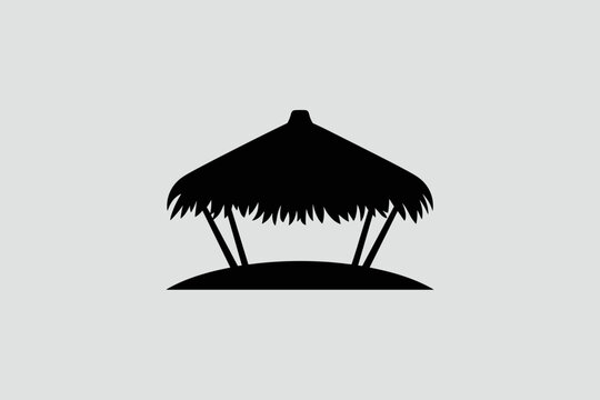 Tropical Hut Silhouette Icon on Island &ndash; Minimal Rustic Shelter Vector Illustration