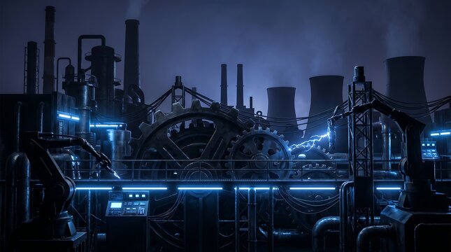 An industrial oil refinery plant operates at night, with illuminated towers, chimneys, and pipelines releasing steam into the sky during the petrochemical fuel production process