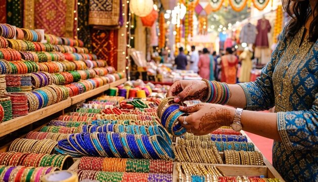 A woman&rsquo;s hands carefully choose blue and gold bangles from a colorful display at a festive market, emphasizing tradition, celebration, and the allure of ethnic jewelry and accessories

