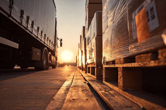American truck driver&rsquo;s low - angle sunset view of a freight semi backed to a loading dock beside stacked shrink - wrapped pallets on wooden pallets