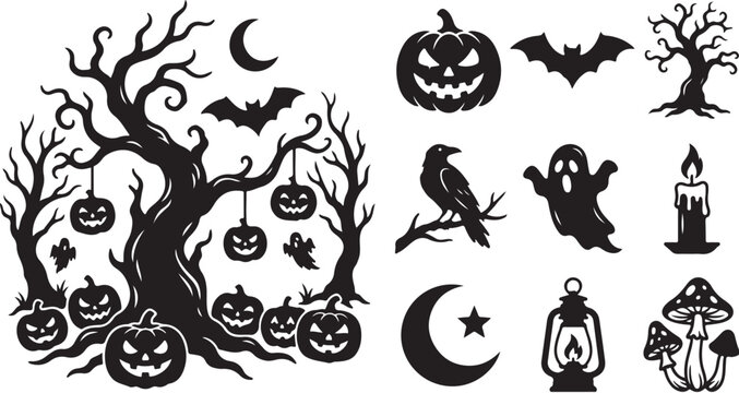 Halloween symbols and objects in black silhouette style