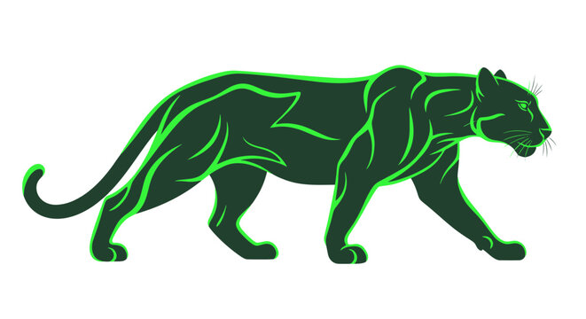 Sleek Green Panther Silhouette with Neon Glow, Powerful Predator