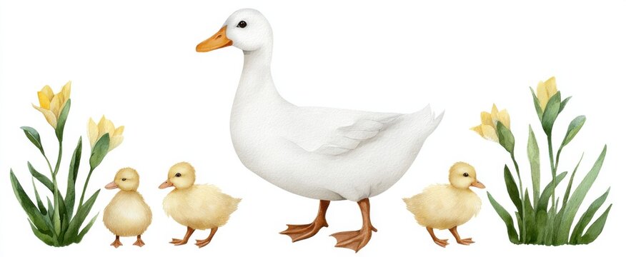 A watercolor white duck and ducklings collection perfect for springtime greetings and Easter cheer.