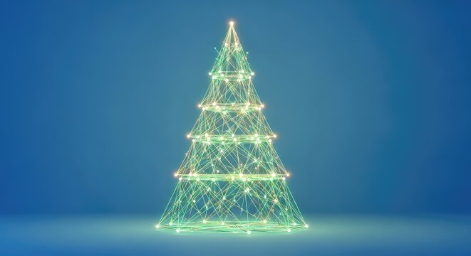 A minimalist low poly Christmas tree formed by glowing connected lines and dots set against a gradient blue background for winter season, festive, triangle, glow