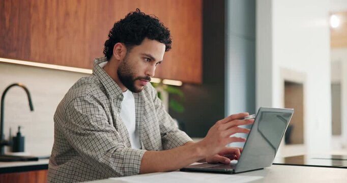 Remote work, man and laptop with review in kitchen for manuscript editing, compare source or notes. Document, freelance editor or tech in home for proofreading, article grammar or fact checking draft
