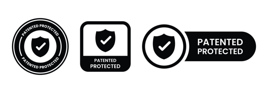 patented protected shield icons with checkmark black vector symbols on white background