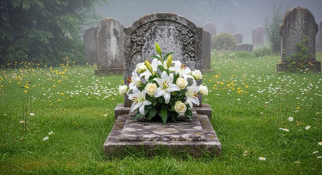 A solemn stone tombstone is beautifully decorated with fresh white lilies and roses on a misty morning in a quiet, peaceful cemetery garden, remembrance, respect, grounds