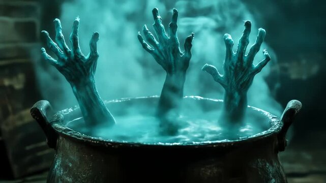 Three hands rising from steaming cauldron against dark background