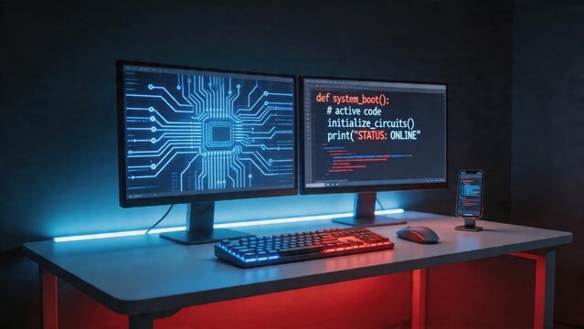 Computer setup with dual monitors and coding