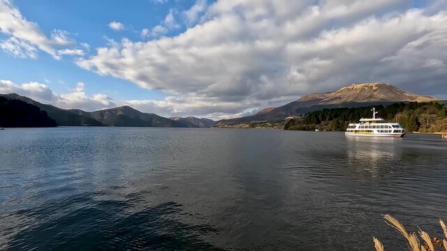 Landscape Lake Ashi, also known as Hakone Lake or Ashinoko Lake, is a scenic lake in the Hakone area of Kanagawa Prefecture on Honshū, Japan : Nature Travel stable Footage and Sightseeing 