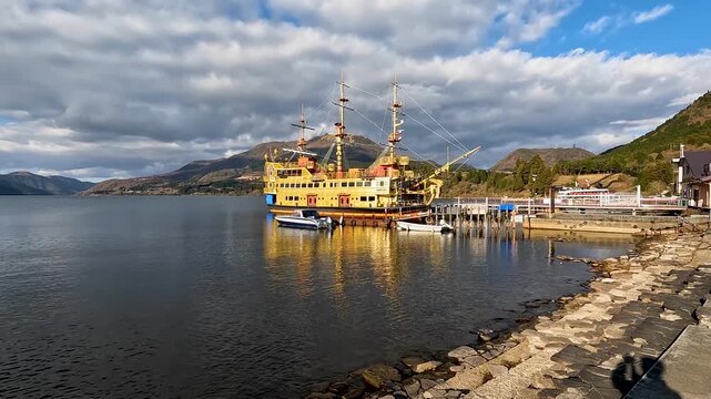 Landscape Lake Ashi, also known as Hakone Lake or Ashinoko Lake, is a scenic lake in the Hakone area of Kanagawa Prefecture on Honshū, Japan : Nature Travel stable Footage and Sightseeing 