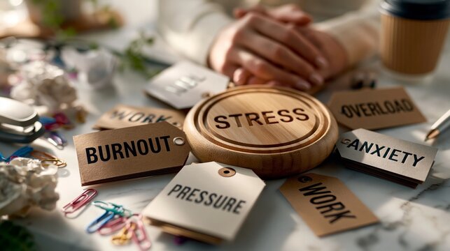 Wooden stress relief sign surrounded by tags labeled burnout, pressure, anxiety, work, and overload on a desk with various office supplies and a coffee cup