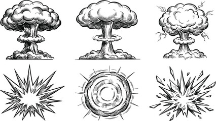 Vintage Style Hand Drawn Explosion Vector Set Featuring Nuclear Mushroom Clouds Bomb Blasts and Dramatic Comic Style Flash Accents for Retro Graphic DesignVintage Style Hand Drawn Explosion Vector Set © Sonjoy