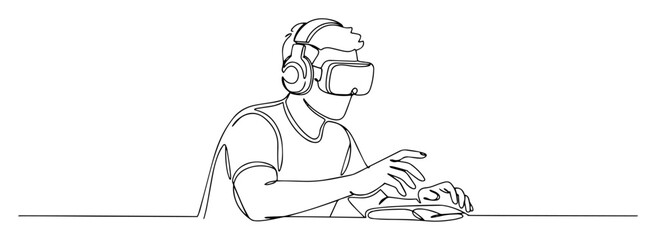man using virtual reality headset with controller in line art © Wieslaw