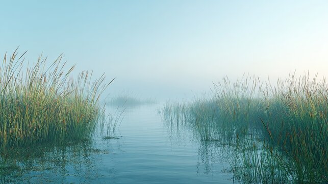 Soft Blue Misty Bay Typha, Ethereal Niche Widescreen Seascape