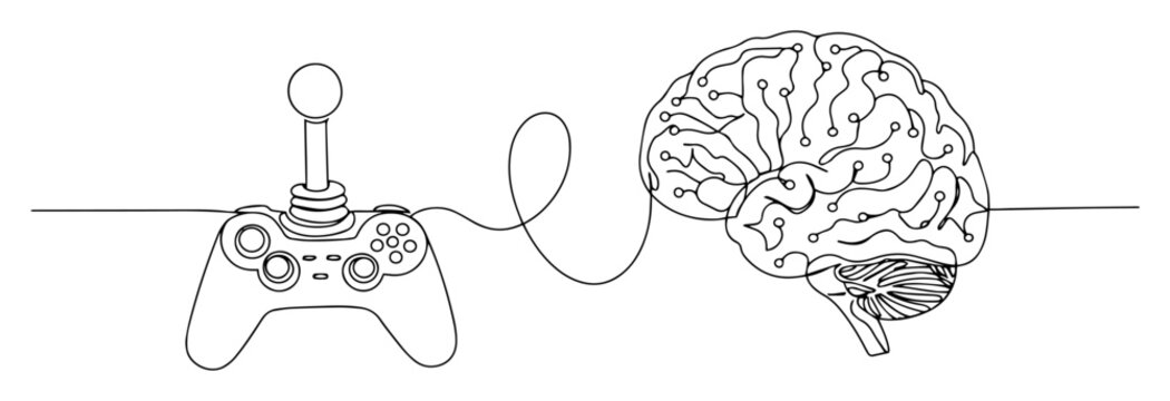 video game controller connected to brain concept drawing