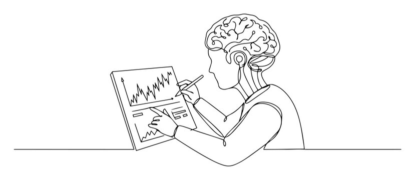 robot analyzing data and drawing charts with brain interface