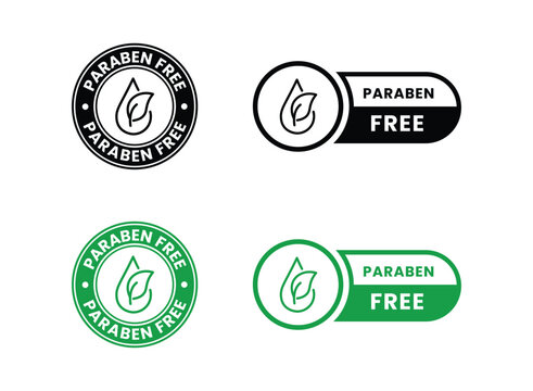 Paraben free label set circular icons with leaf element black and green variations on white