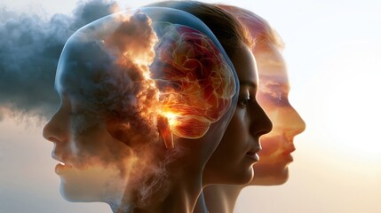 Obraz premium Three female silhouettes with abstract brain imagery and clouds, representing thoughts and emotions against a soft gradient background