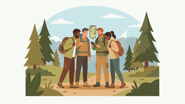 Group of Diverse Friends Hiking in the Mountains Looking at a Digital Map on a Smartphone for Navigation; Flat Vector Illustration of People on a Forest Trail with Backpacks and Outdoor Gear.
