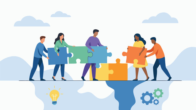 Diverse Business Team Working Together to Connect Large Puzzle Pieces and Bridge a Gap, Representing Effective Collaboration, Creative Problem Solving, Innovation, Partnership, and Success.